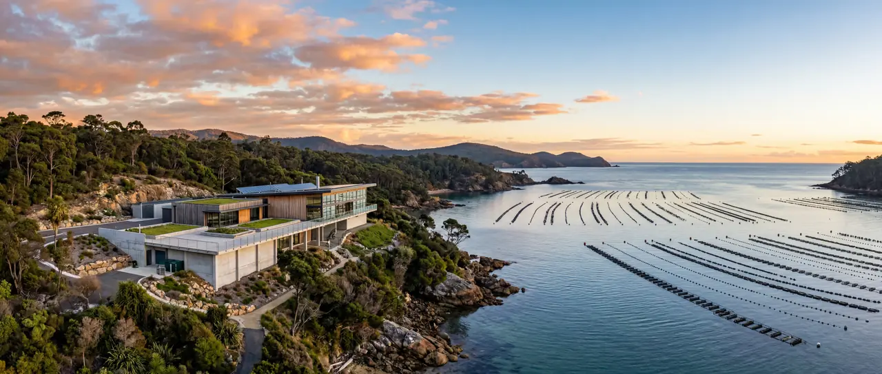 Contemporary home on a rocky coastline above calm water at dusk