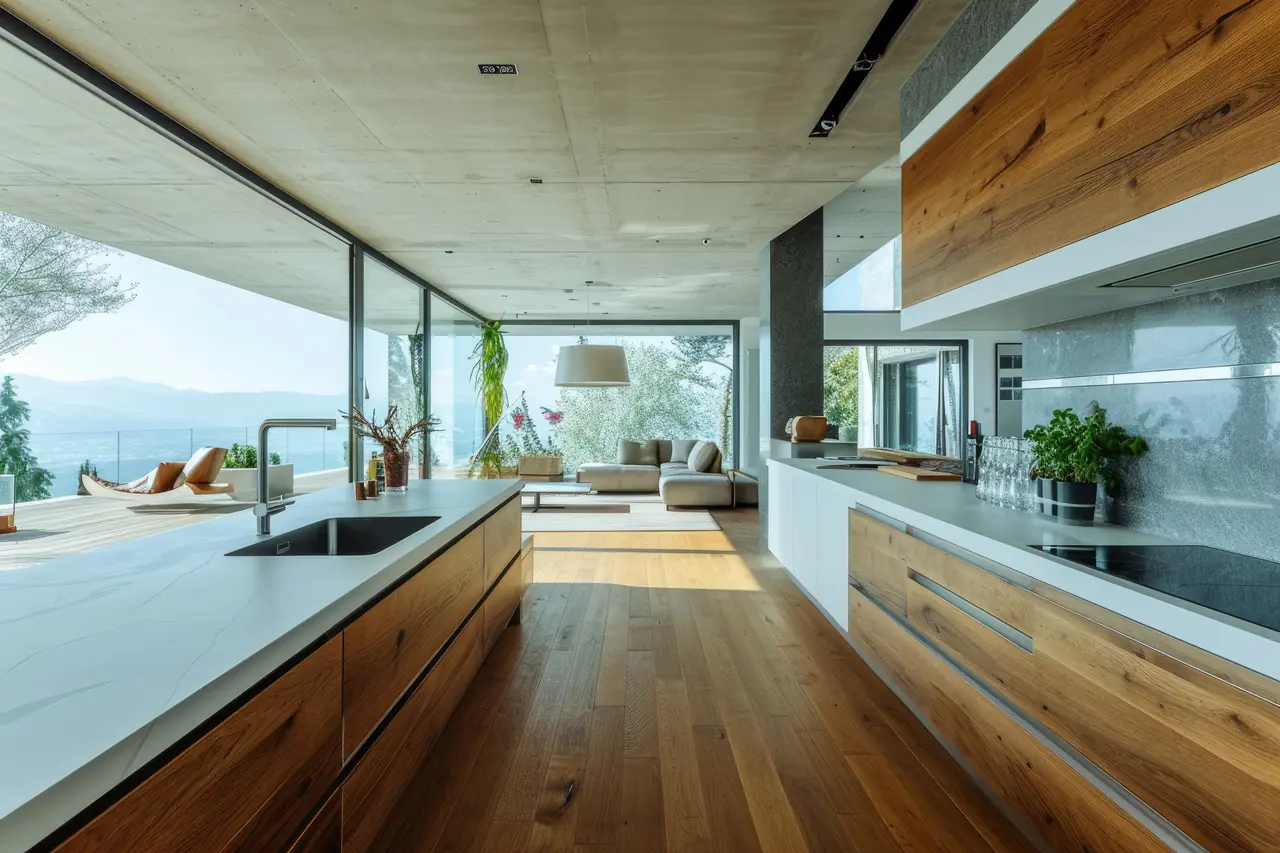 Kitchen opening to a sea view